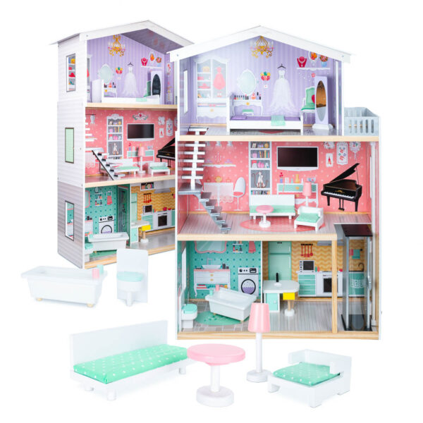 Domek dla lalek drewniany+ mebelki pastelowy 117cm