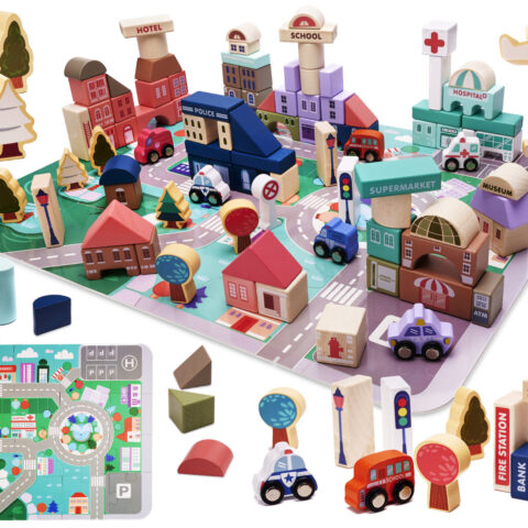 Klocki drewniane edukacyjne miasto puzzle 135el.
