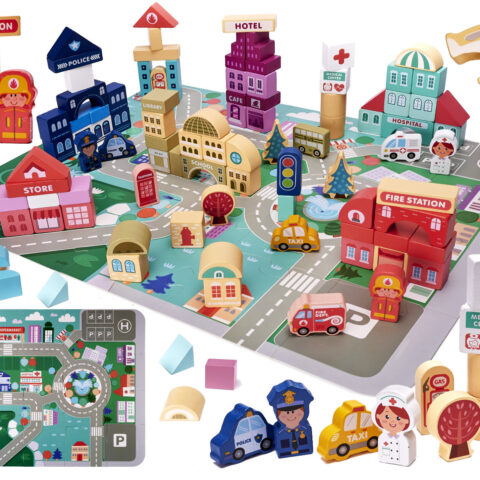 Klocki drewniane edukacyjne miasto puzzle 100el.
